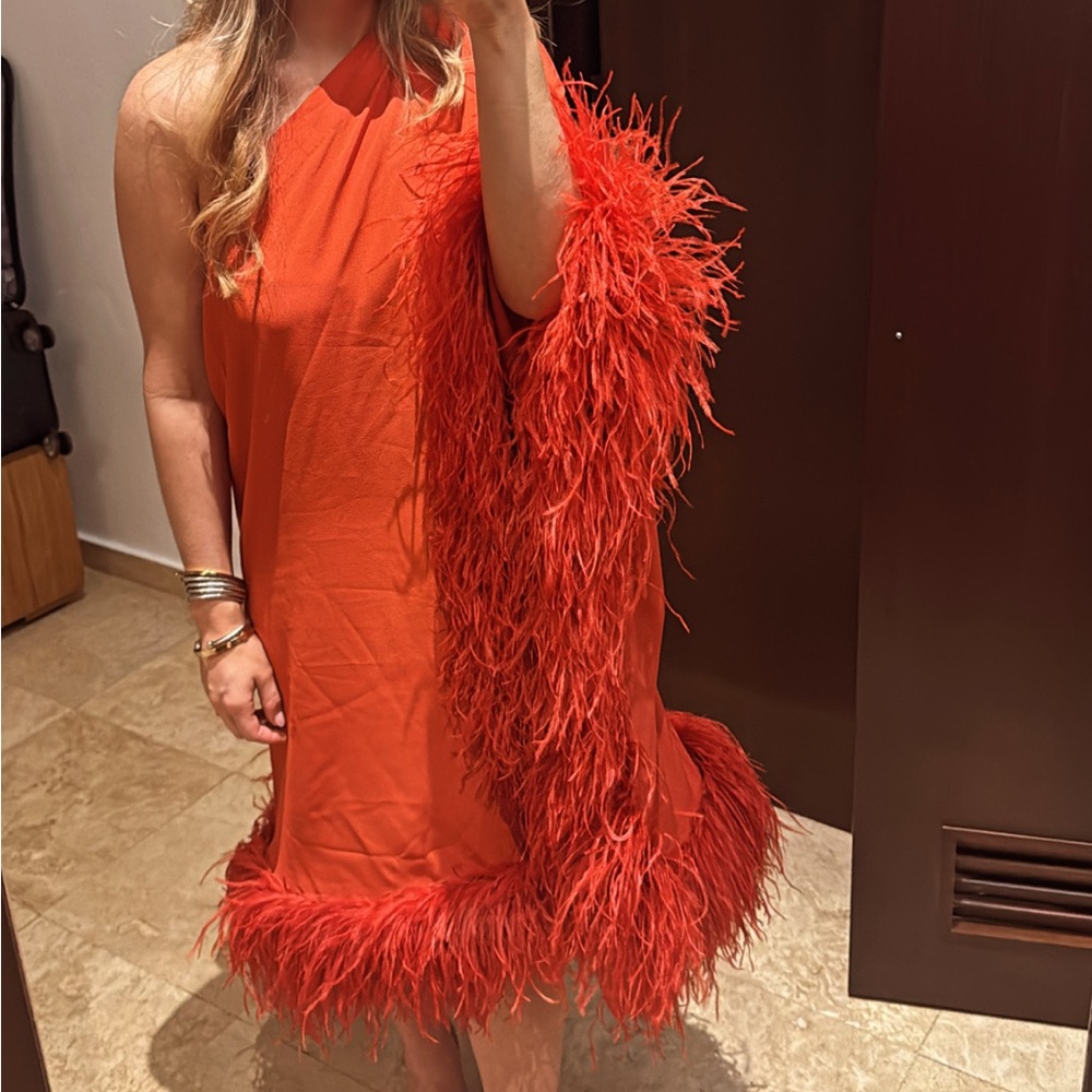 Tomato orange XL cult Gaia Myrtle dress ostrich feather